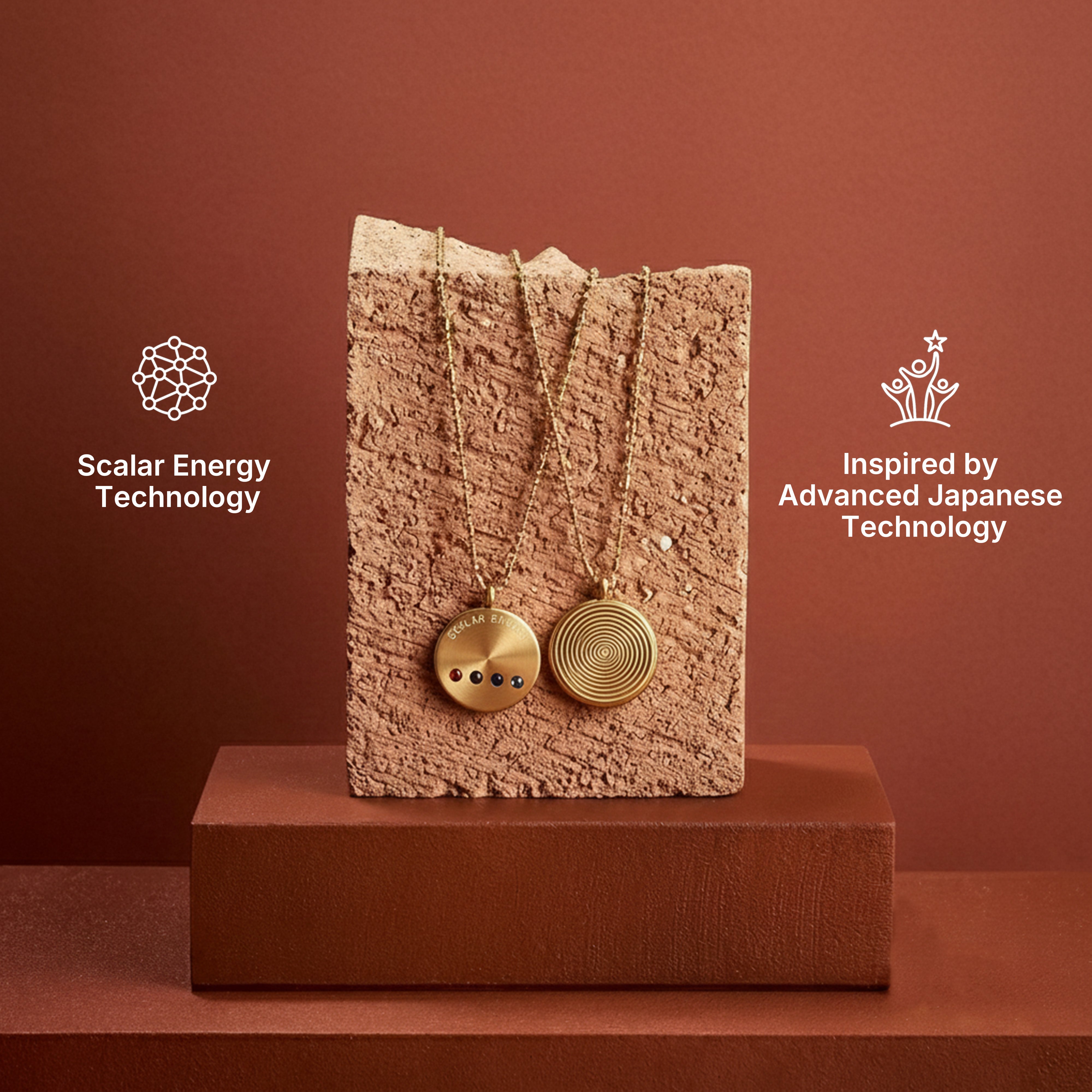 Stainless steel energy pendant with 4 power stones displayed on stand, inspired by Japanese technology