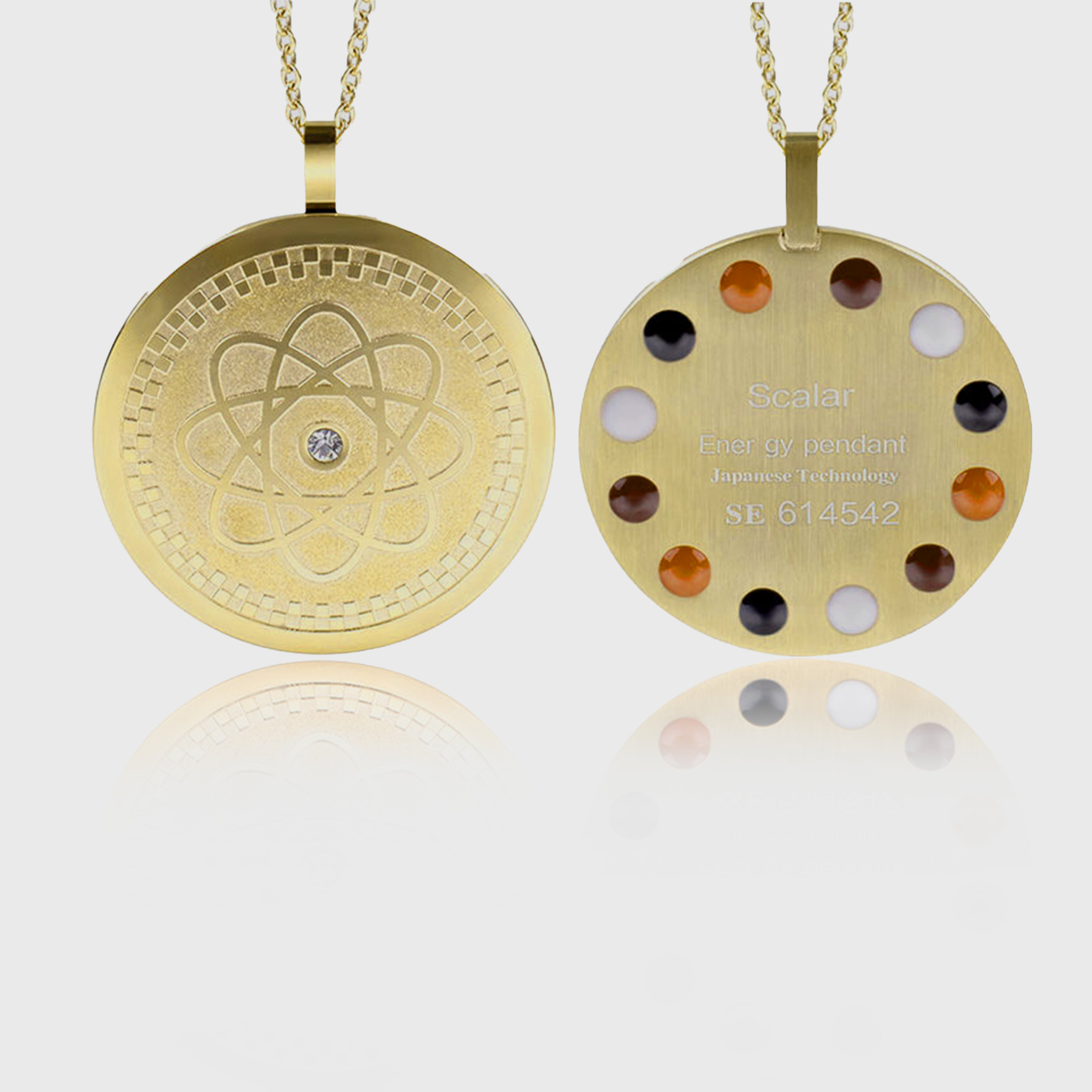 Gold EMF Protection Necklace. Geometric scalar design & 12 quantum energy stones on back for radiation shielding.