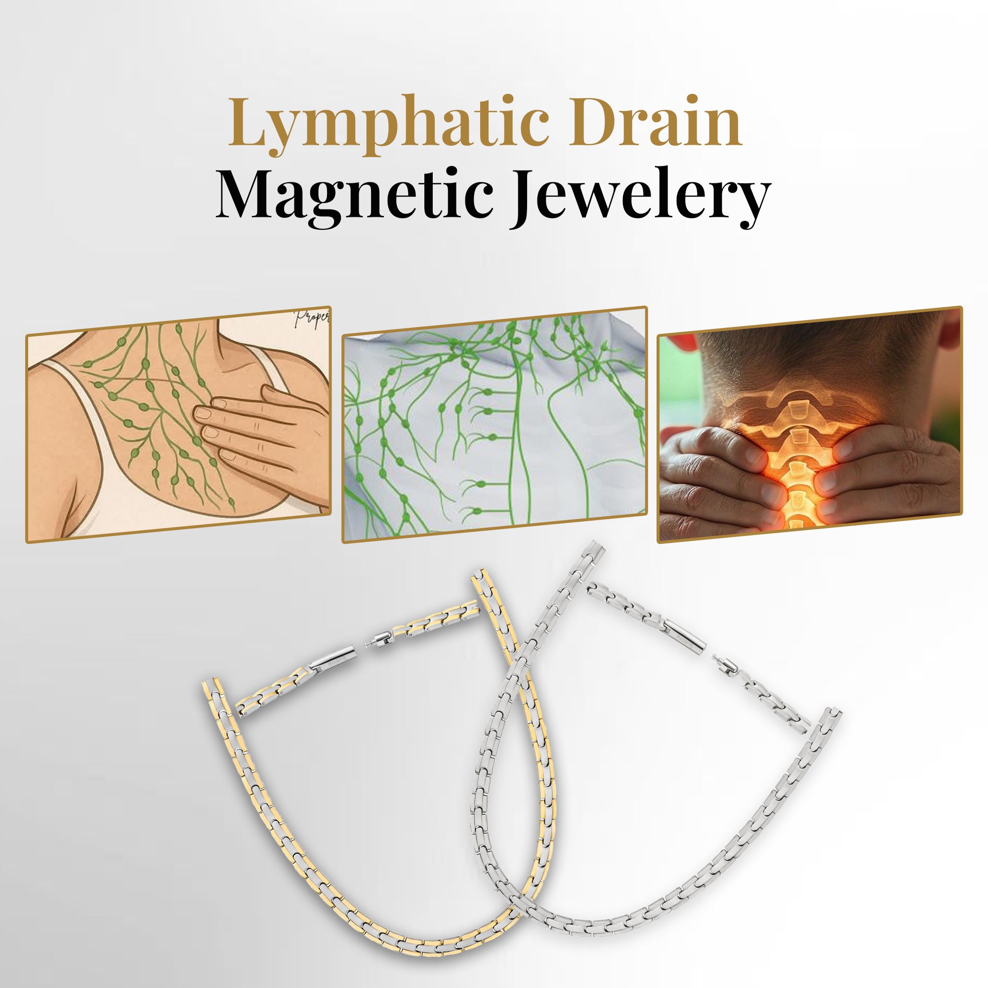 Bio Magnetic Therapy Necklace for Lymphatic Drain & Neck Pain. Shows two-tone necklace & lymphatic diagrams
