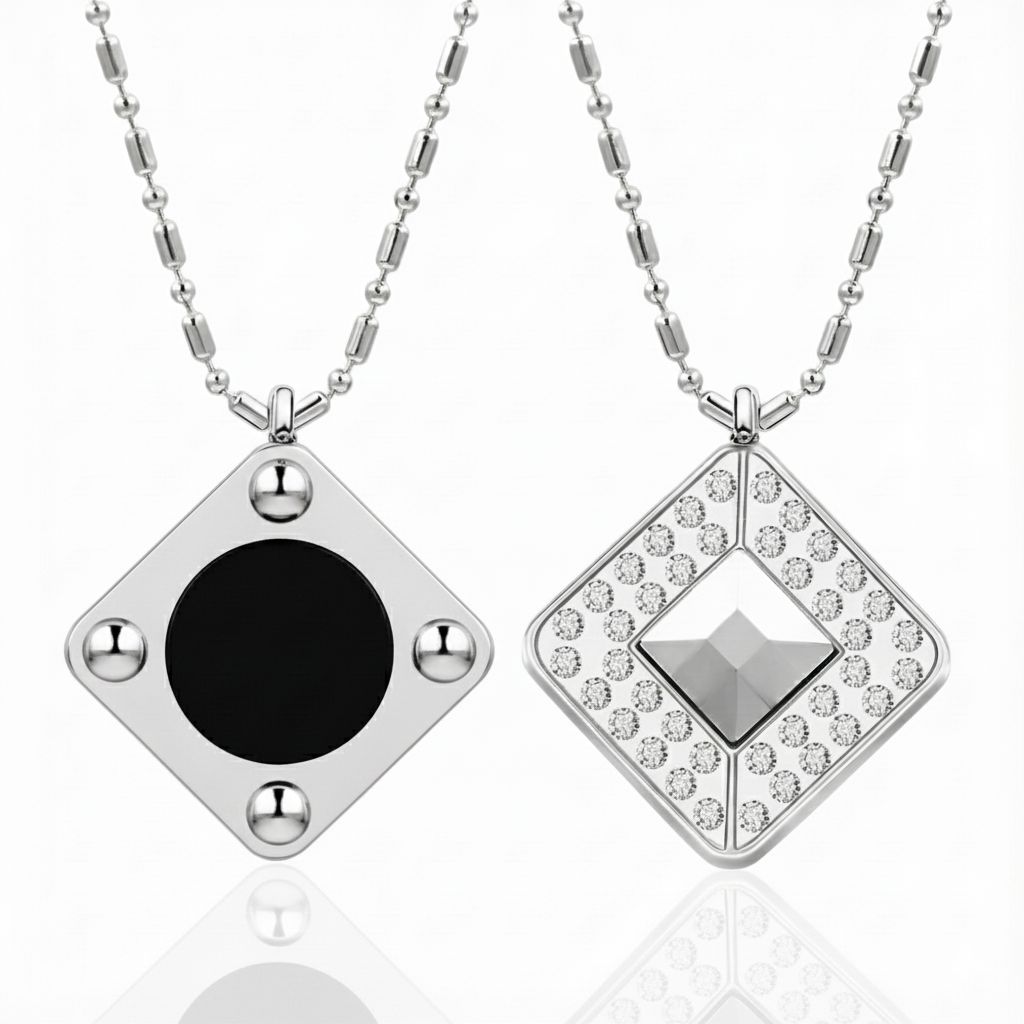 Silver Diamond Bio Magnetic Therapy Pendant. Sparkling crystal front & black negative ion magnet back for wellness.