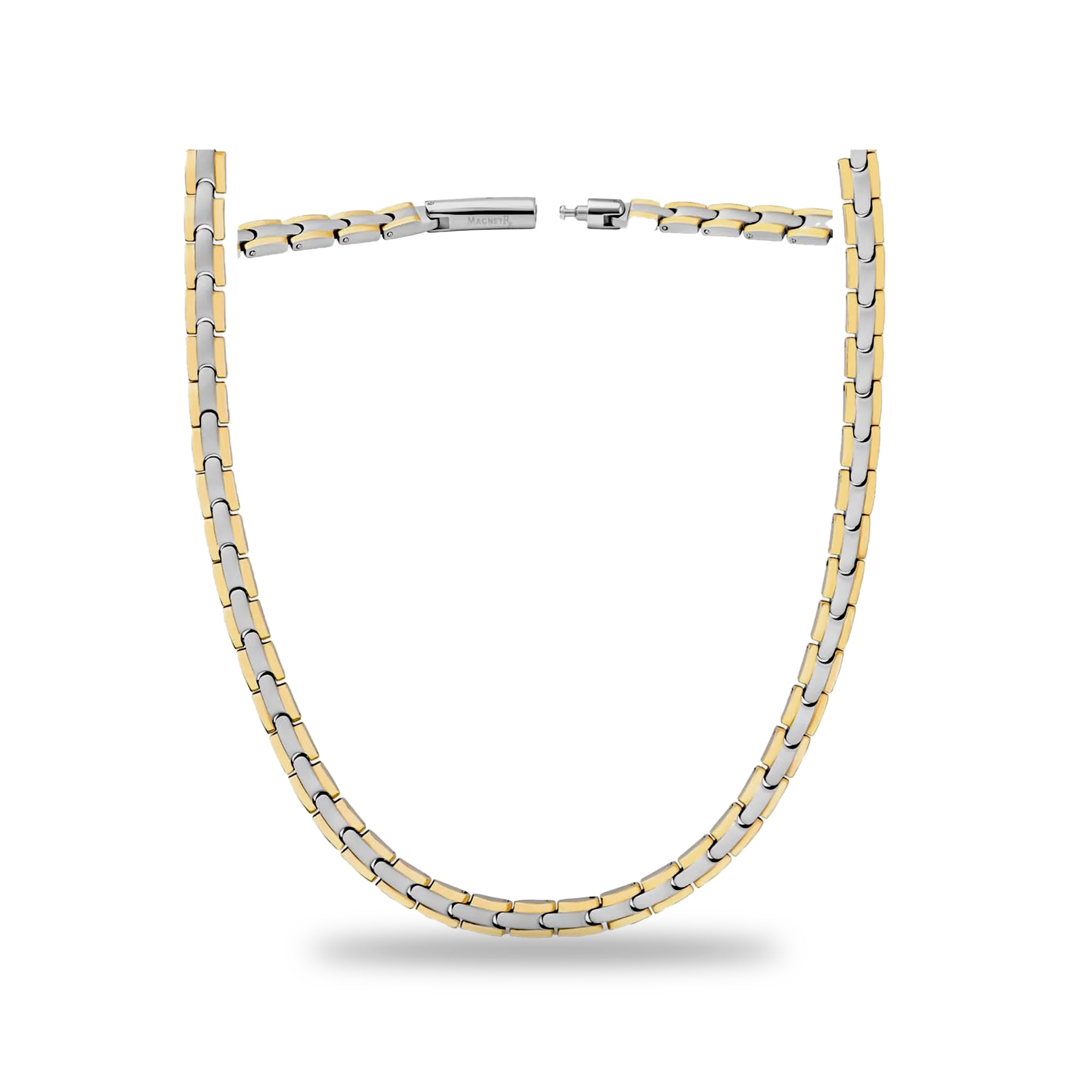Two-tone stainless steel Bio Magnetic Therapy Necklace. Gold and silver links with embedded magnets for neck and shoulder pain relief