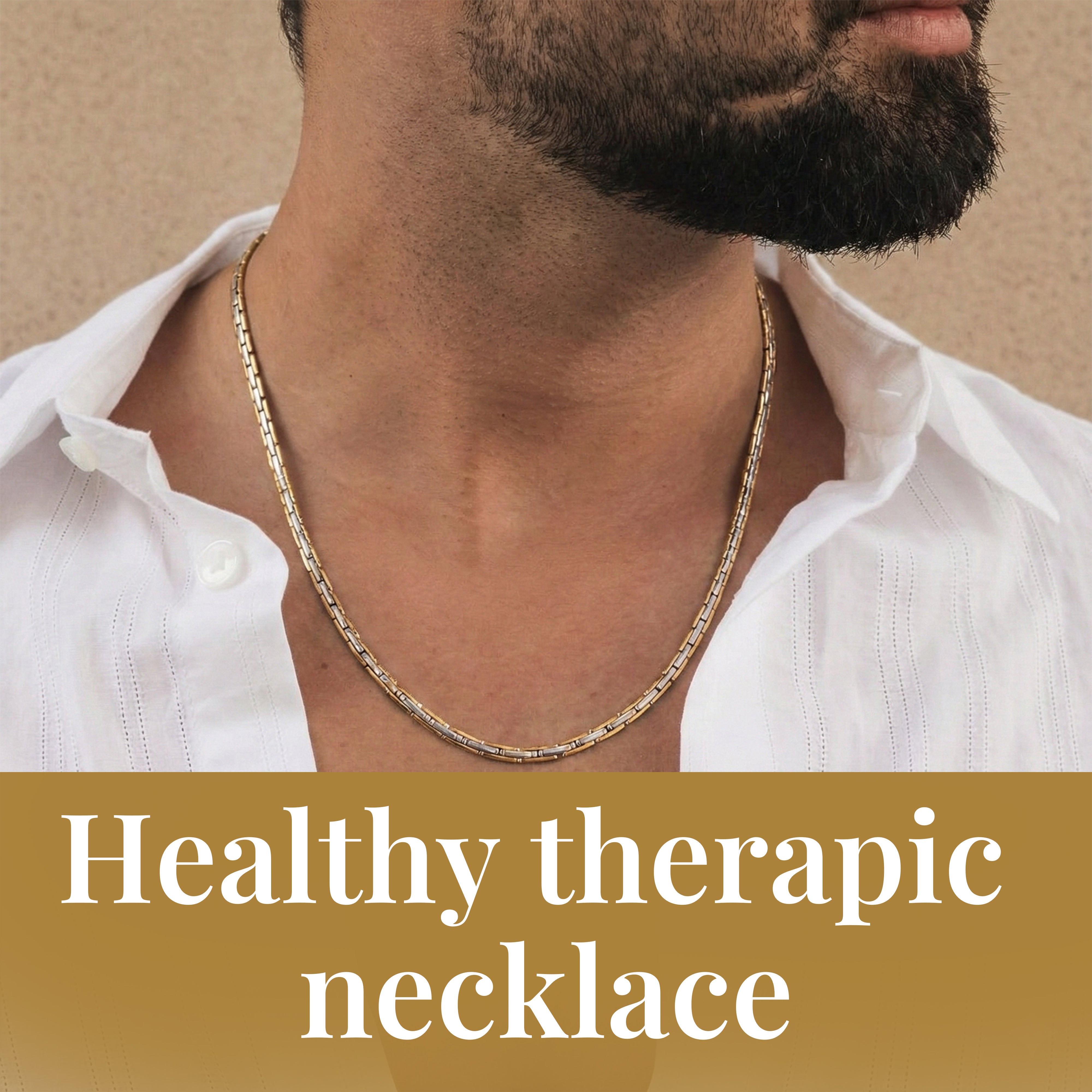 Man wearing Bio Magnetic Therapy Necklace. Stylish two-tone gold and silver stainless steel chain for men's pain relief and wellness